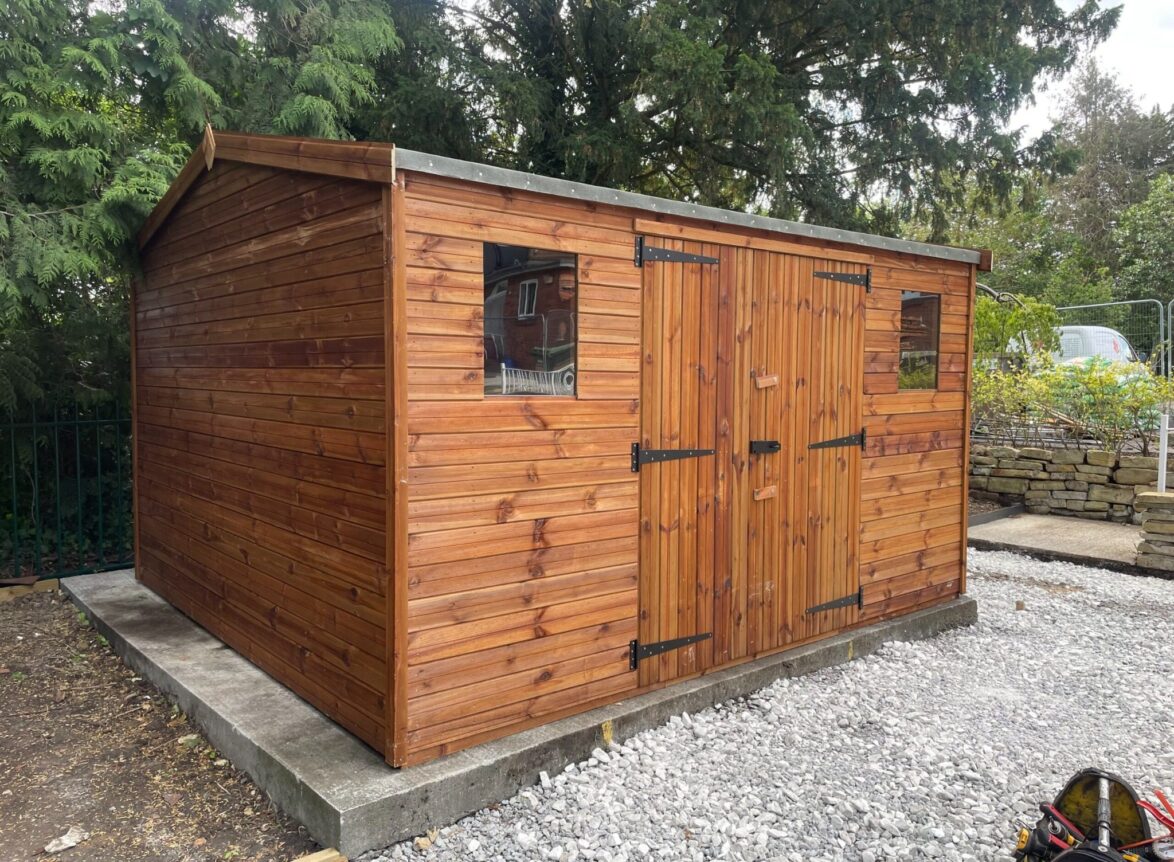 Wooden shed with double doors.