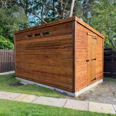 Pent wooden security shed with side windows