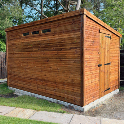 Large pent security shed with three windows and a single door