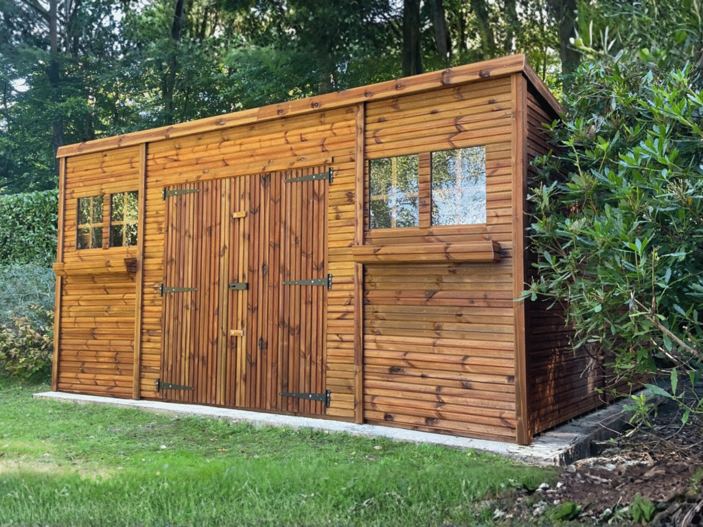 Pent summer shed with four windows and a double door