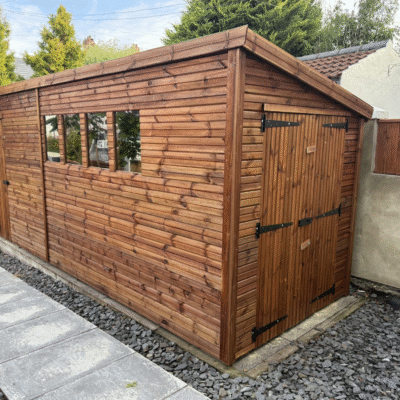 Pent heavy duty shed with four windows and a double door