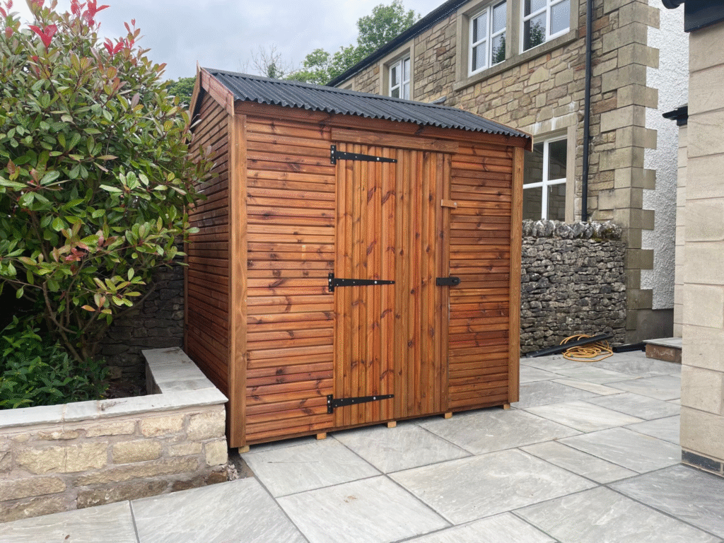 A security garden shed with a single door