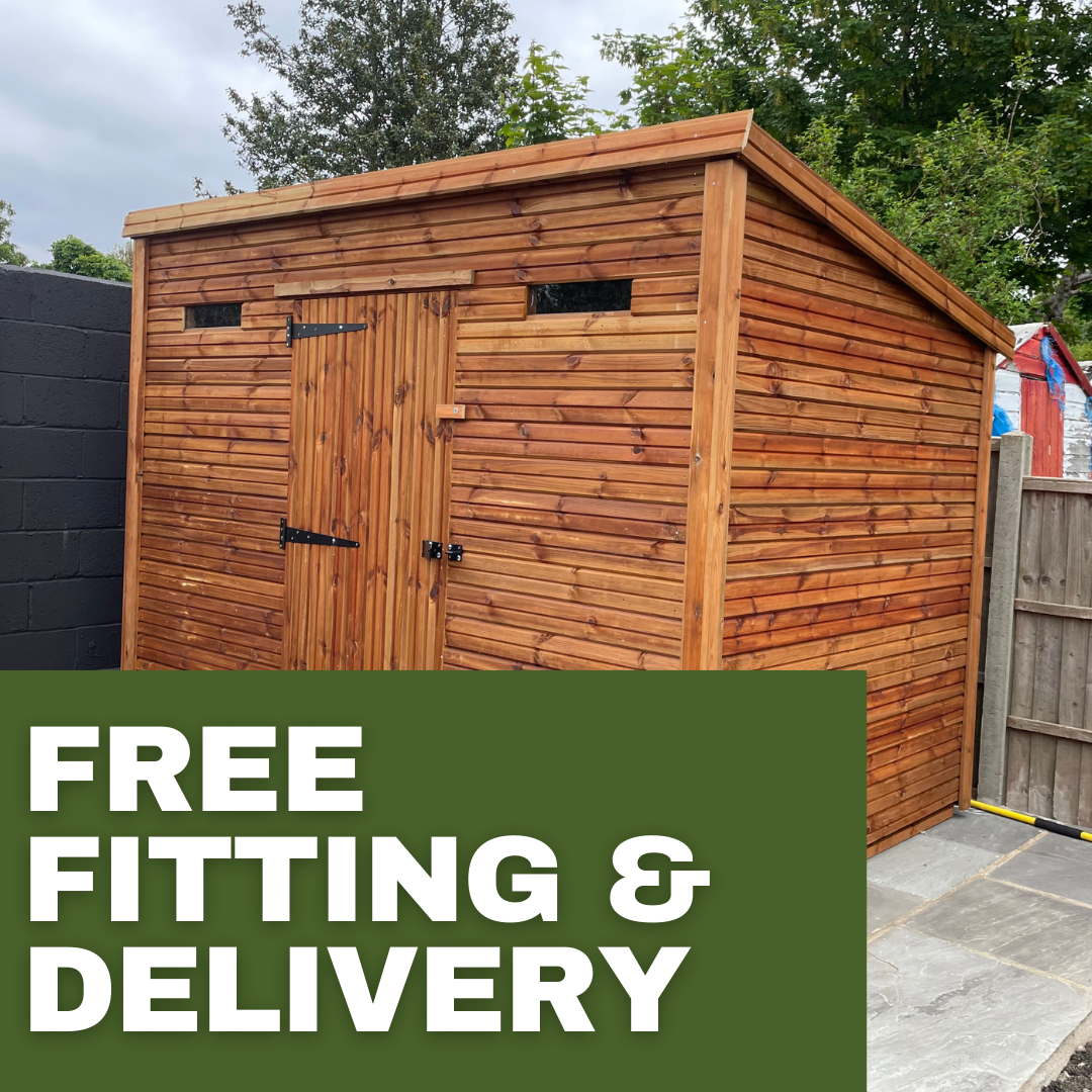 a pent security shed with a single door and two windows with text displaying free fitting and delivery